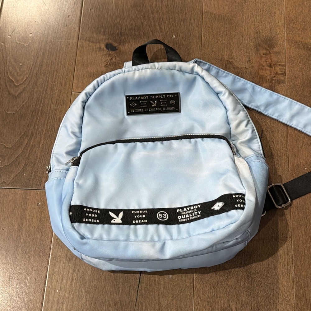 Playboy Blue Nylon Backpack Everyday Travel Daypack Bookbag Adjustable Strap
